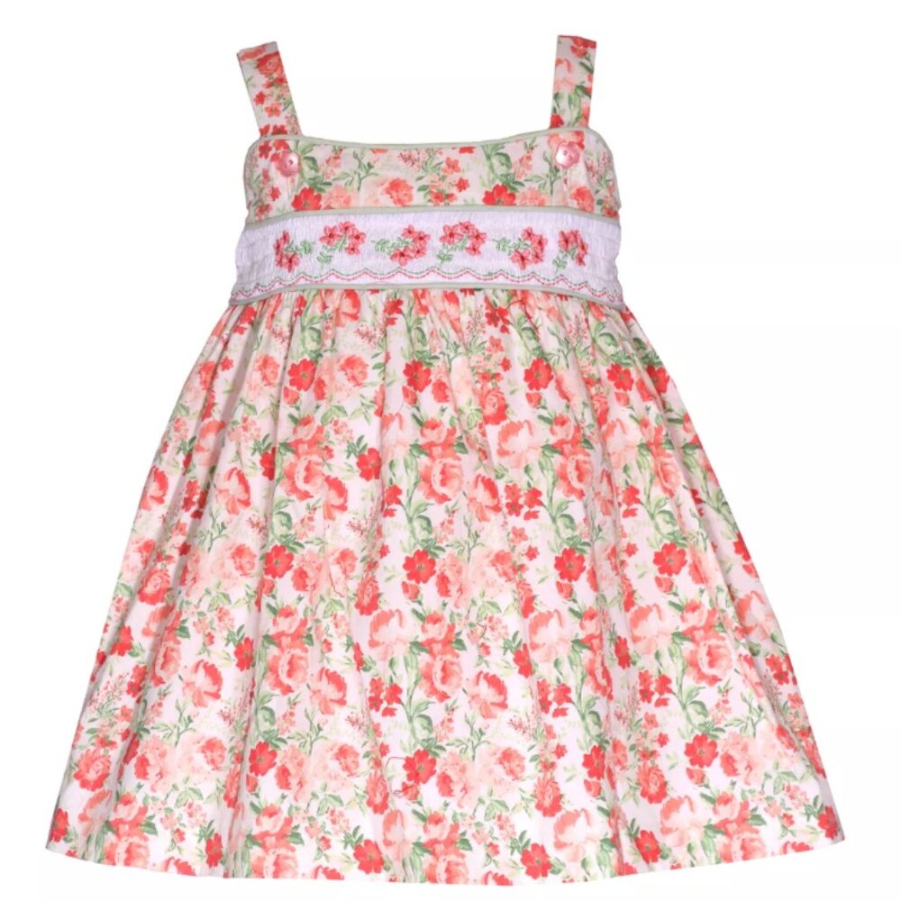 Baby Girl Cotton Smocked Coral Floral Spring Dress with Matching Bloomers